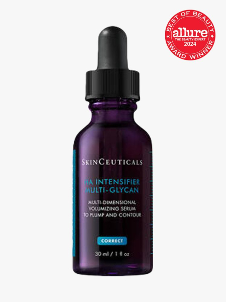 serum in branded purple bottle with black pipette on light gray background with red and white 2024 allure best of beauty seal