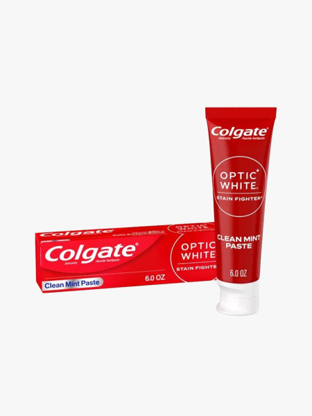 Colgate Optic White Toothpaste red tube of toothpaste and box on light gray background