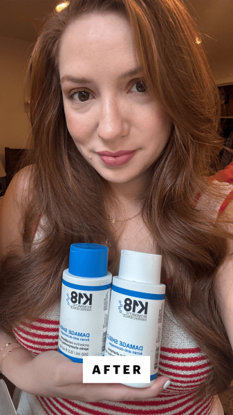 Selfie of Social director Kassidy Silva after applying the K18 Damage Shield pH Protective Shampoo and Conditioner