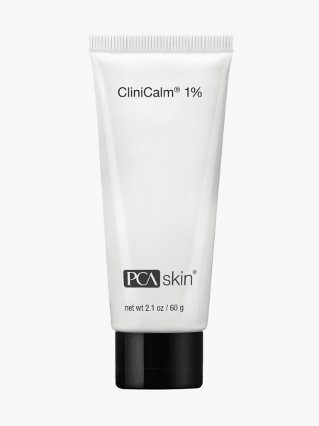 PCA Skin CliniCalm 1% in branded white tube with black cap on light gray background