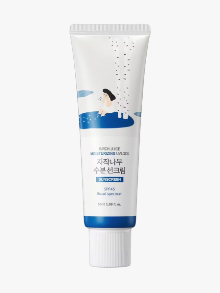 Round Lab Birch Moisturizing Sunscreen UVLock SPF 45+ in branded tube compoennt on a light gray background